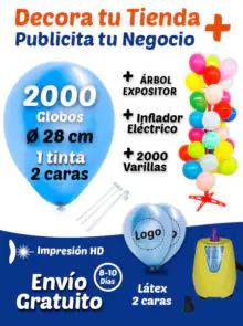 2000 Globos Personalizados 28 cm 2 caras 1 tinta +2000 Varillas +Inflador Eléctrico + Árbol | Pack Decora tu Tienda