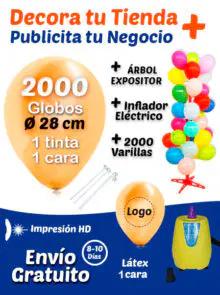 2000 Globos Personalizados 28 cm 1 cara 1 tinta + 2000 Varillas + Inflador Eléctrico + Árbol | Pack Decora tu tienda