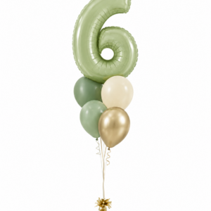 Un ramillete de globos rellenos de helio, número verde eucalipto