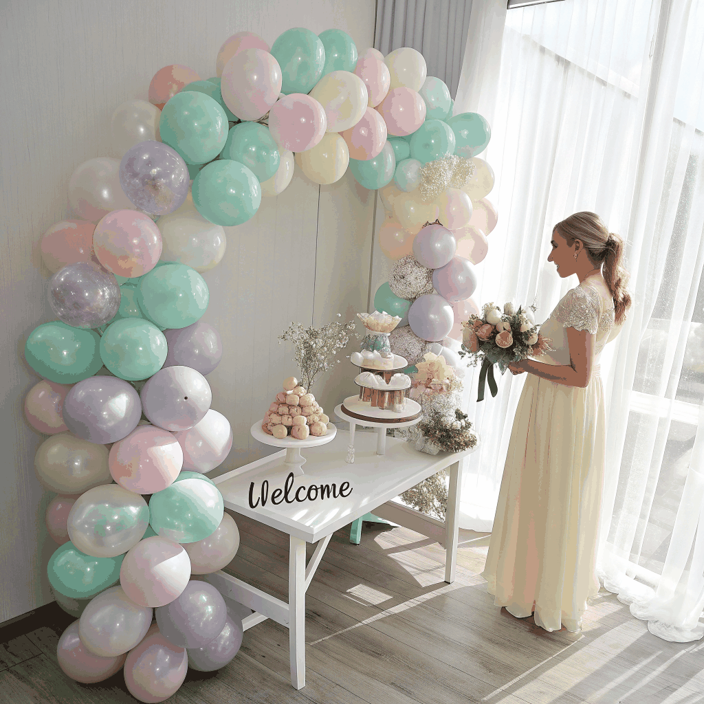 Composición en tonos pastel y globos con helio para baby shower en Madrid