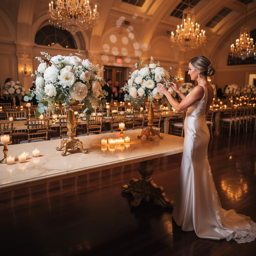 Estructura dorada con globos perla y detalles botánicos para boda en Madrid