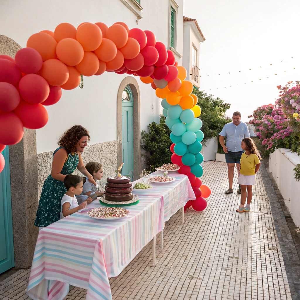 Decoración con arco de globos orgánicos para cumpleaños en Madrid