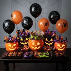 Candy Bar Halloween con cubos de calabaza y globos terror