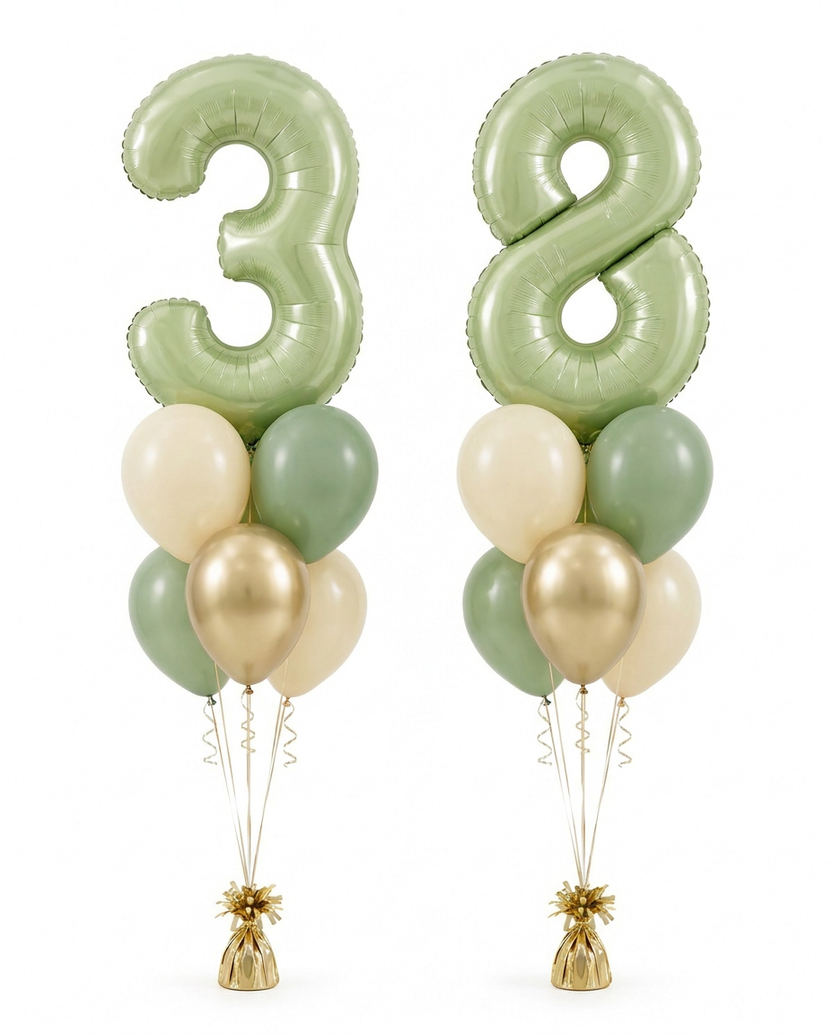 Dos ramilletes de globos de helio con números 3 y 8 verde eucalipto, estilo Magnolia