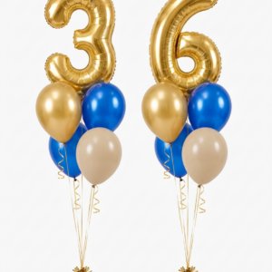 Dos ramilletes de globos de helio con números 3 y 6 dorados, estilo Delphinium