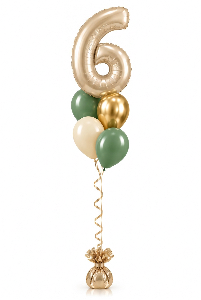 Ramillete de globos de helio con número 6 arena, estilo Eucalipto