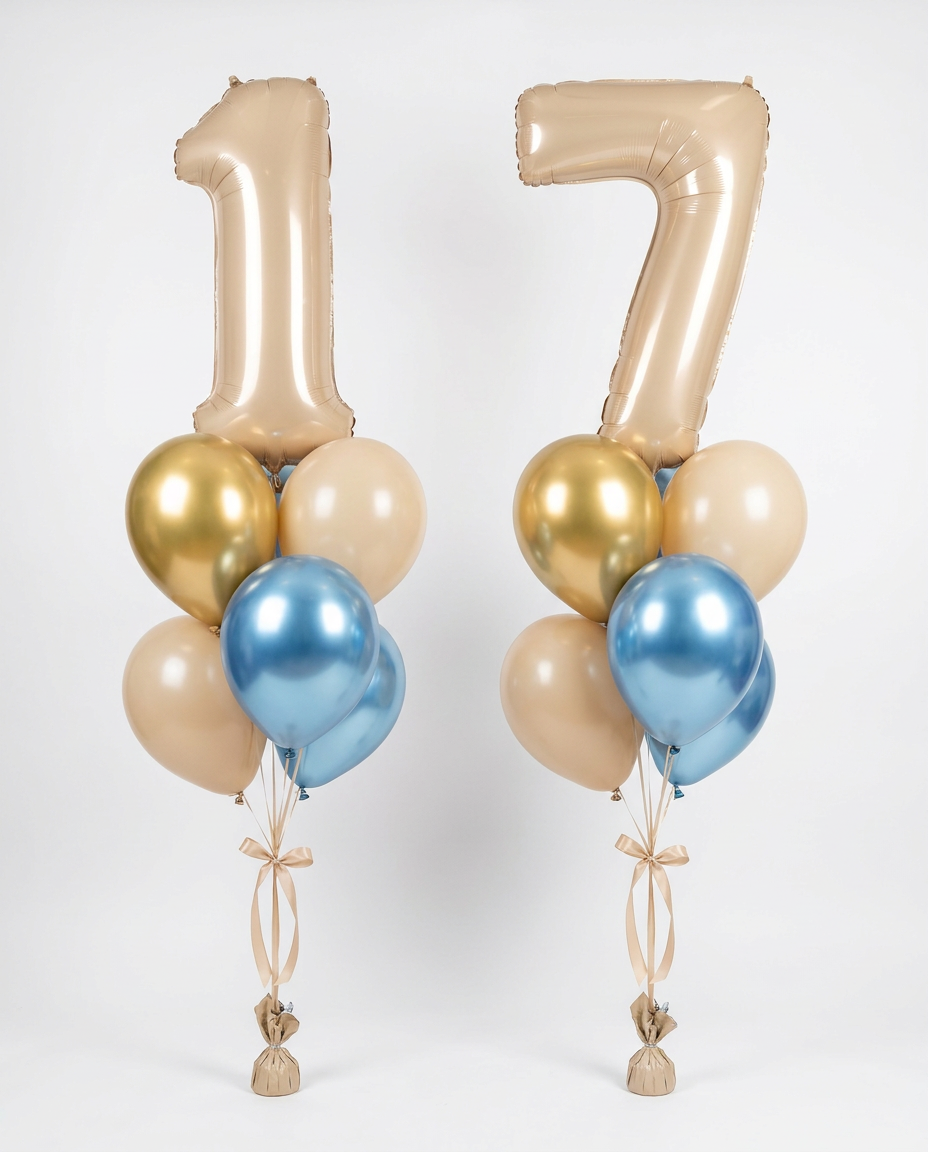 Dos ramilletes de globos de helio con números 1 y 7 arena, estilo Orquídea