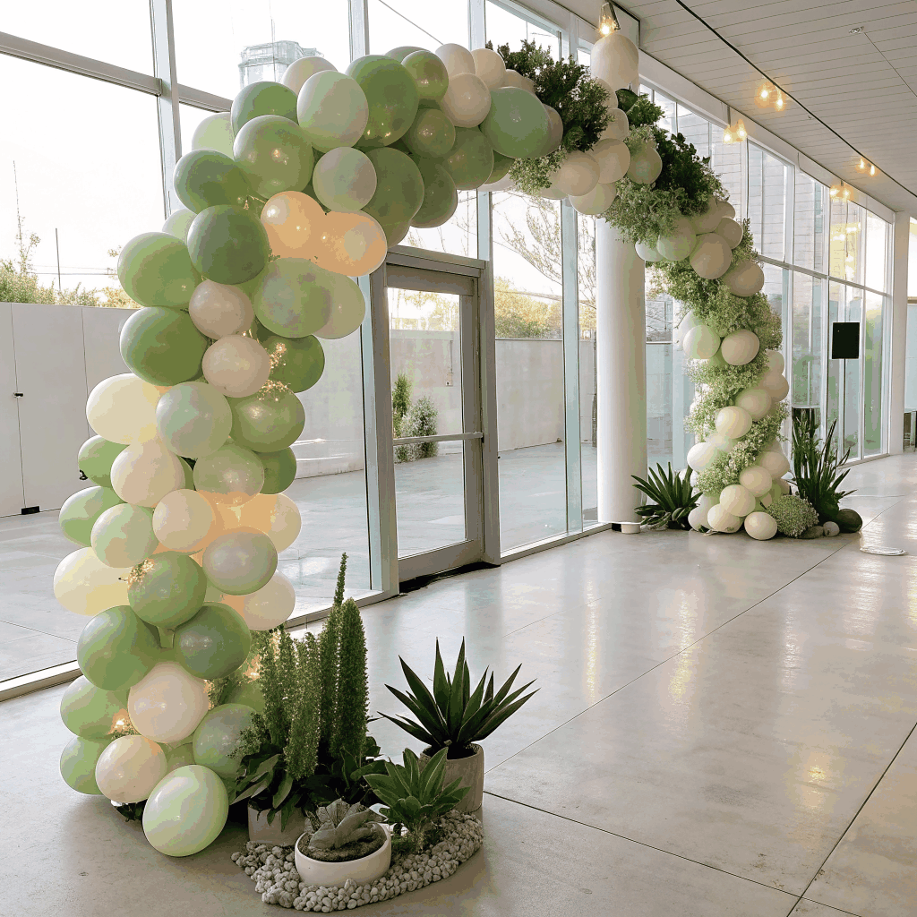 Arco orgánico de globos en tonos rubor y blanco para evento en Madrid