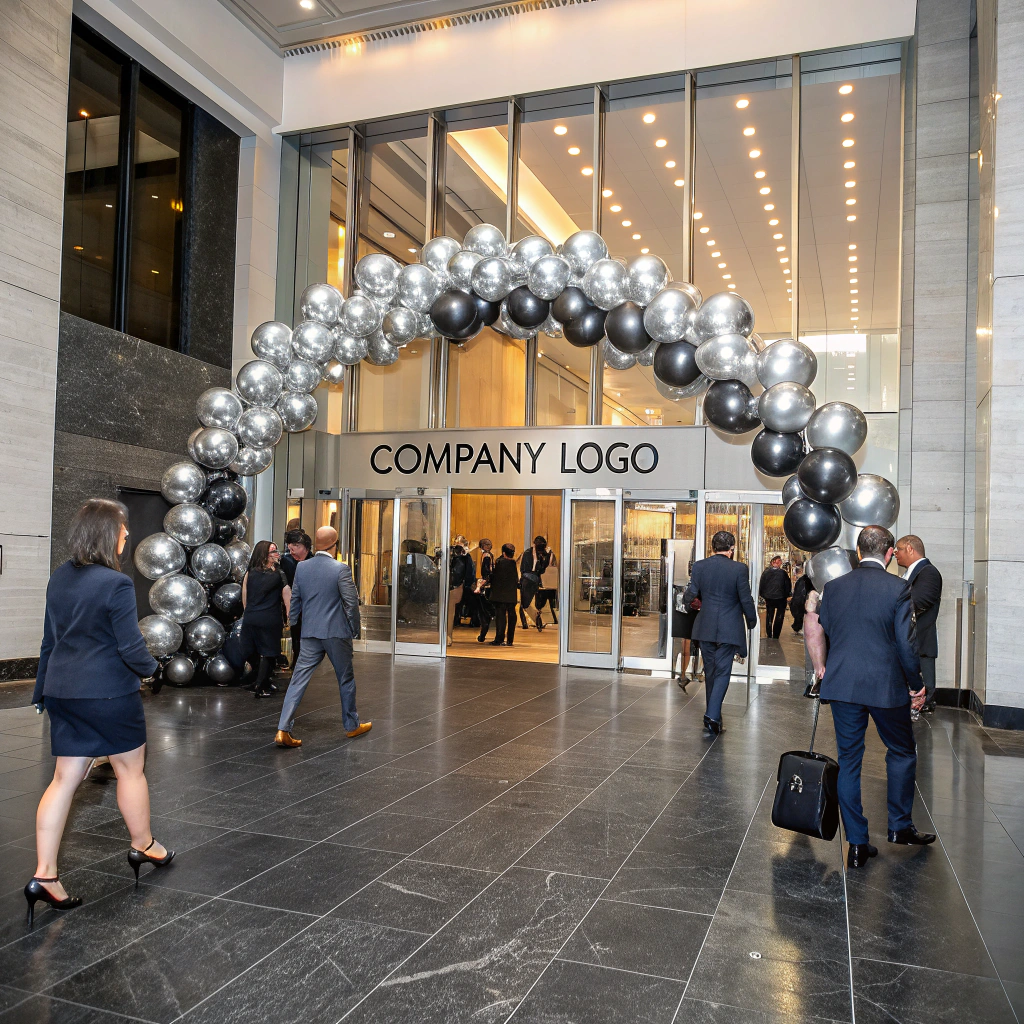Estructura de entrada con globos para evento corporativo en Madrid