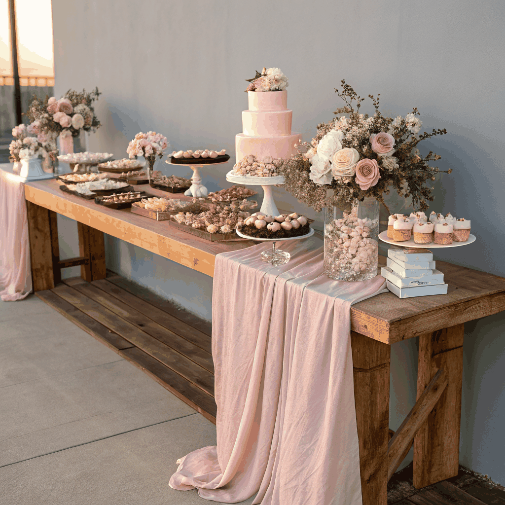 Decoración de mesa dulce con guirnalda de globos lila y crema