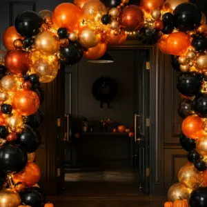 Arco de globos Halloween negro y naranja con telarañas